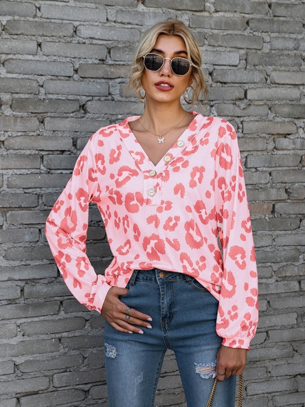 Women’s Pink Leopard Print V-Neck Button Blouse - Picture 3 of 4